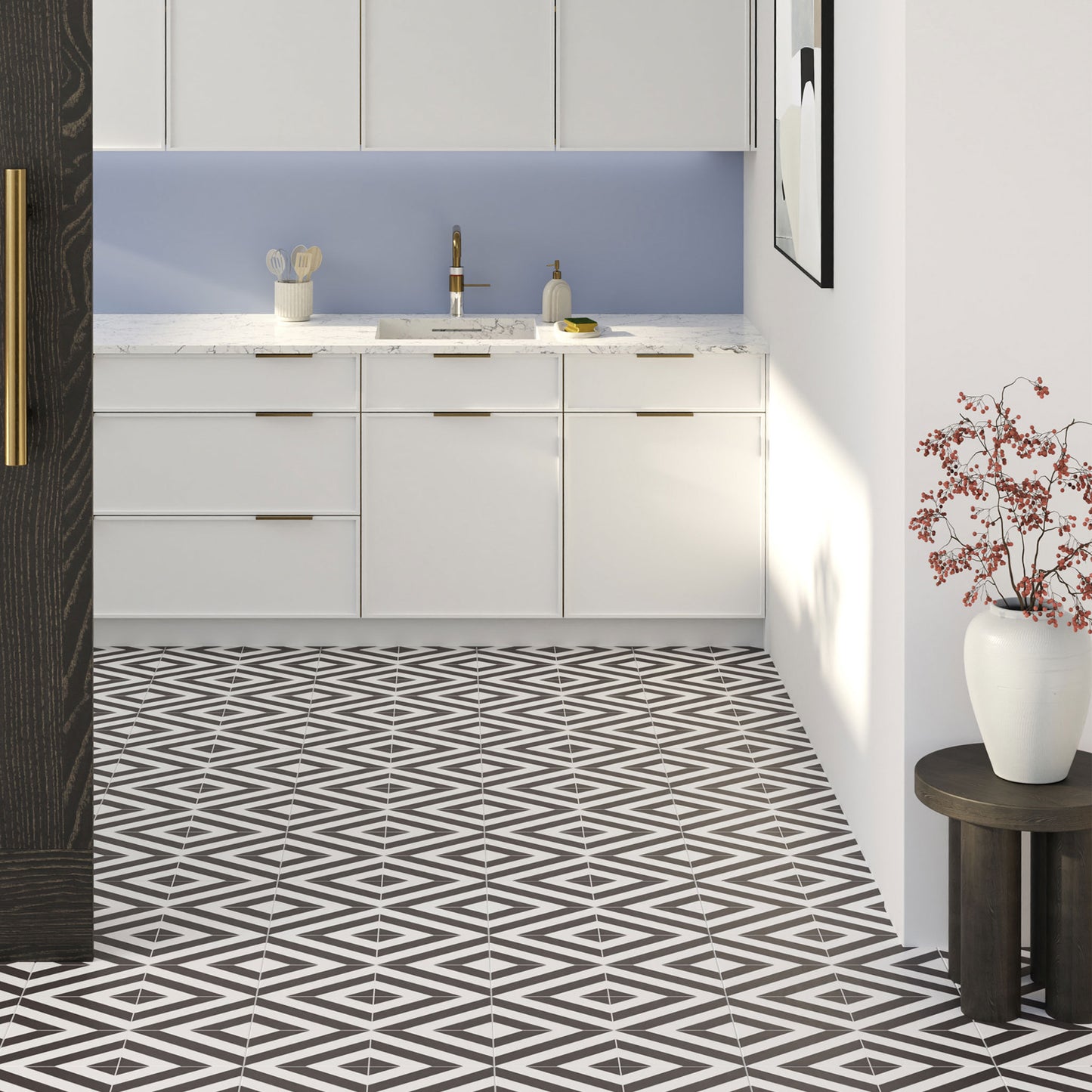 Black and White Pattern Tile laminate flooring installed in room