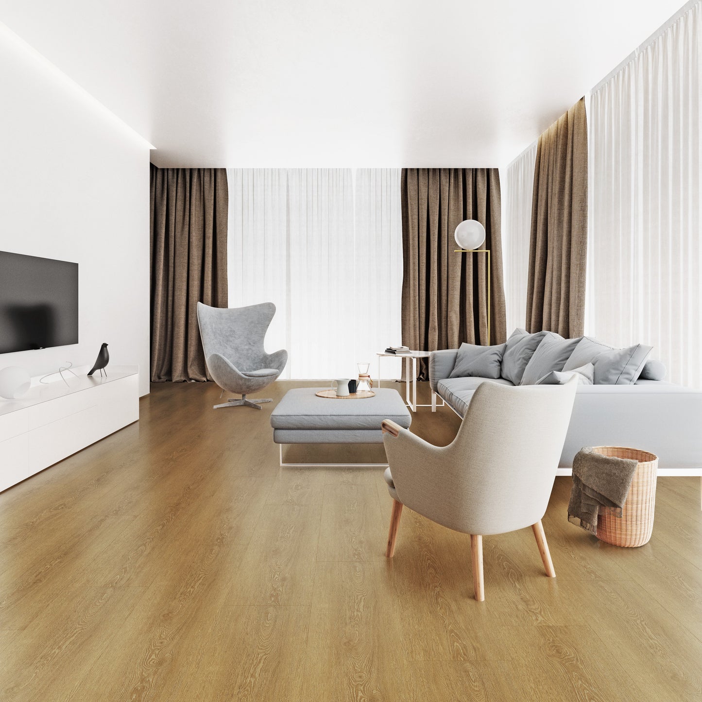 Botta Oak wide plank laminate flooring installed in room