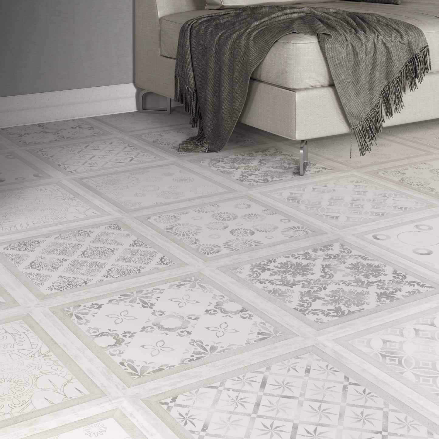 Zenku Tile Vintage laminate flooring installed in room